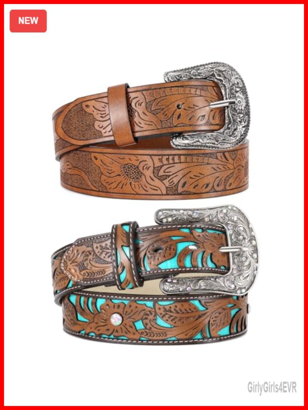 2 Pack Western PU Leather Belts Big Silver Buckle Adjustable